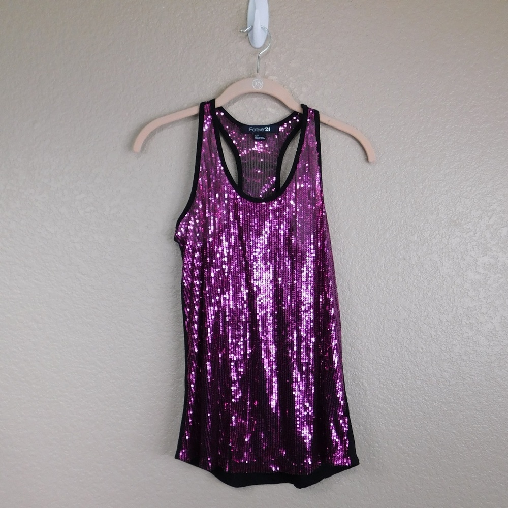 Forever 21 Pink/Black Sequin Sheer Front Tank